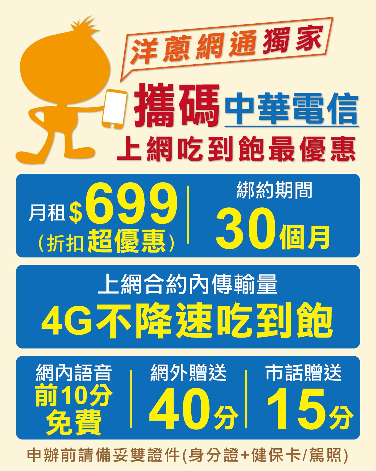 洋蔥網通申辦中華電信攜碼優惠方案